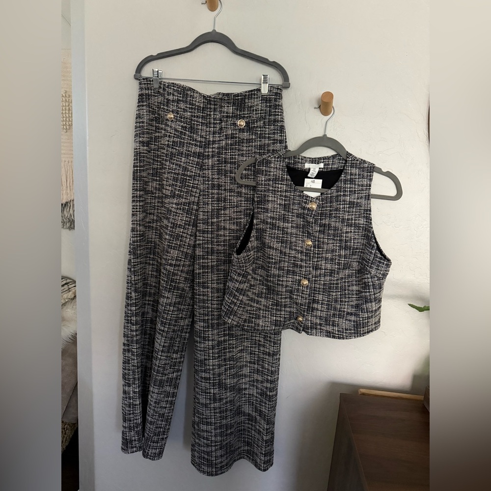 Boucle Wide-Leg Pants & Vest Set - Black/White size medium